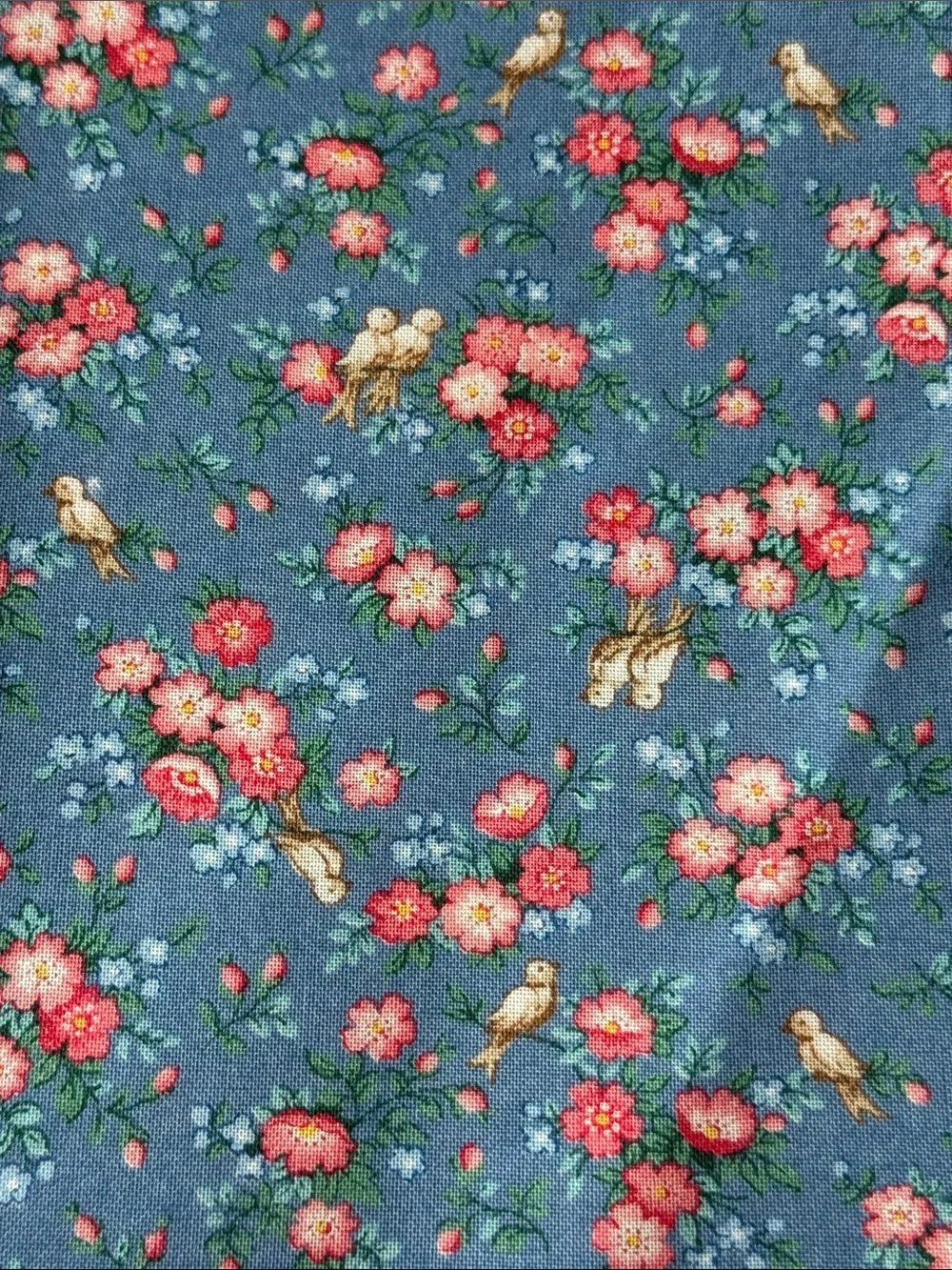 Vintage Cranston VIP Fabric Blue Floral Birds Cotton 3/4+ Yard x 42